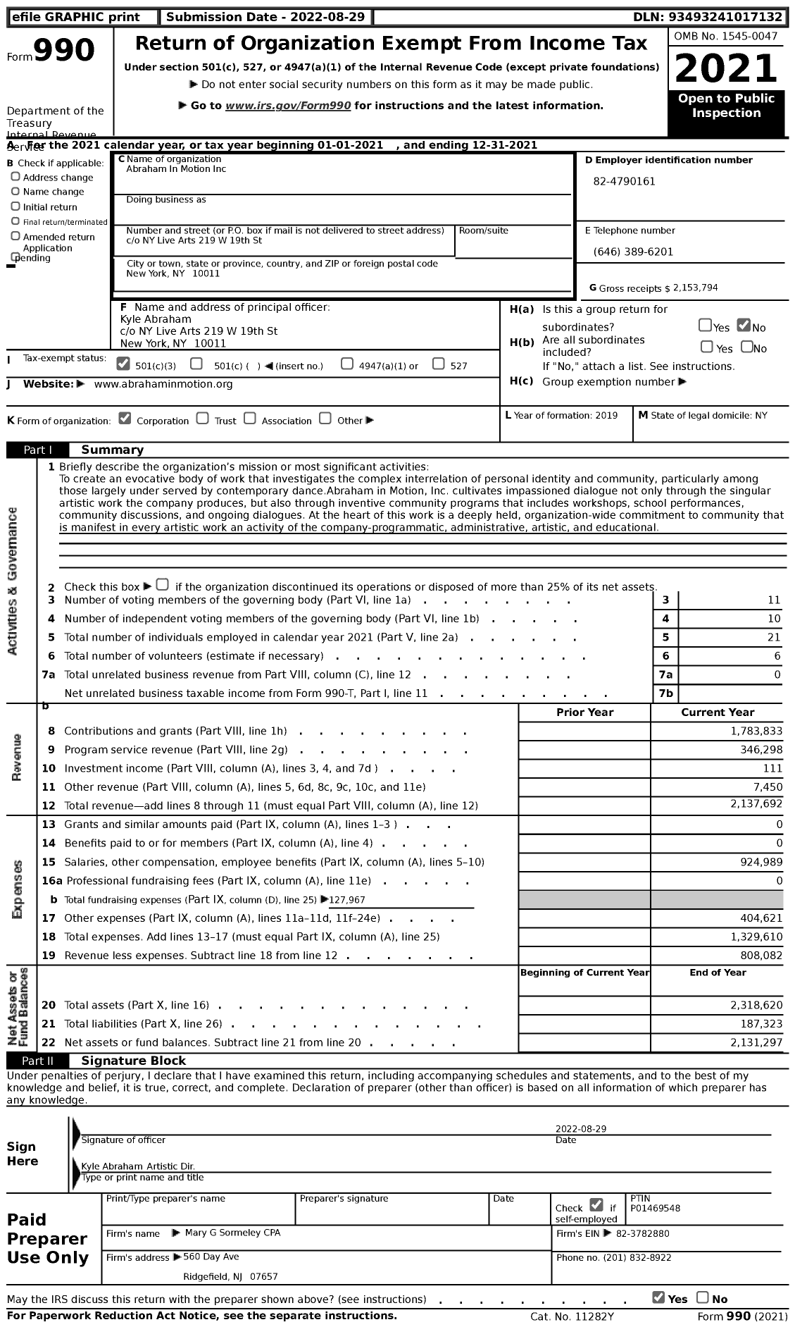 Image of first page of 2021 Form 990 for Abraham In Motion