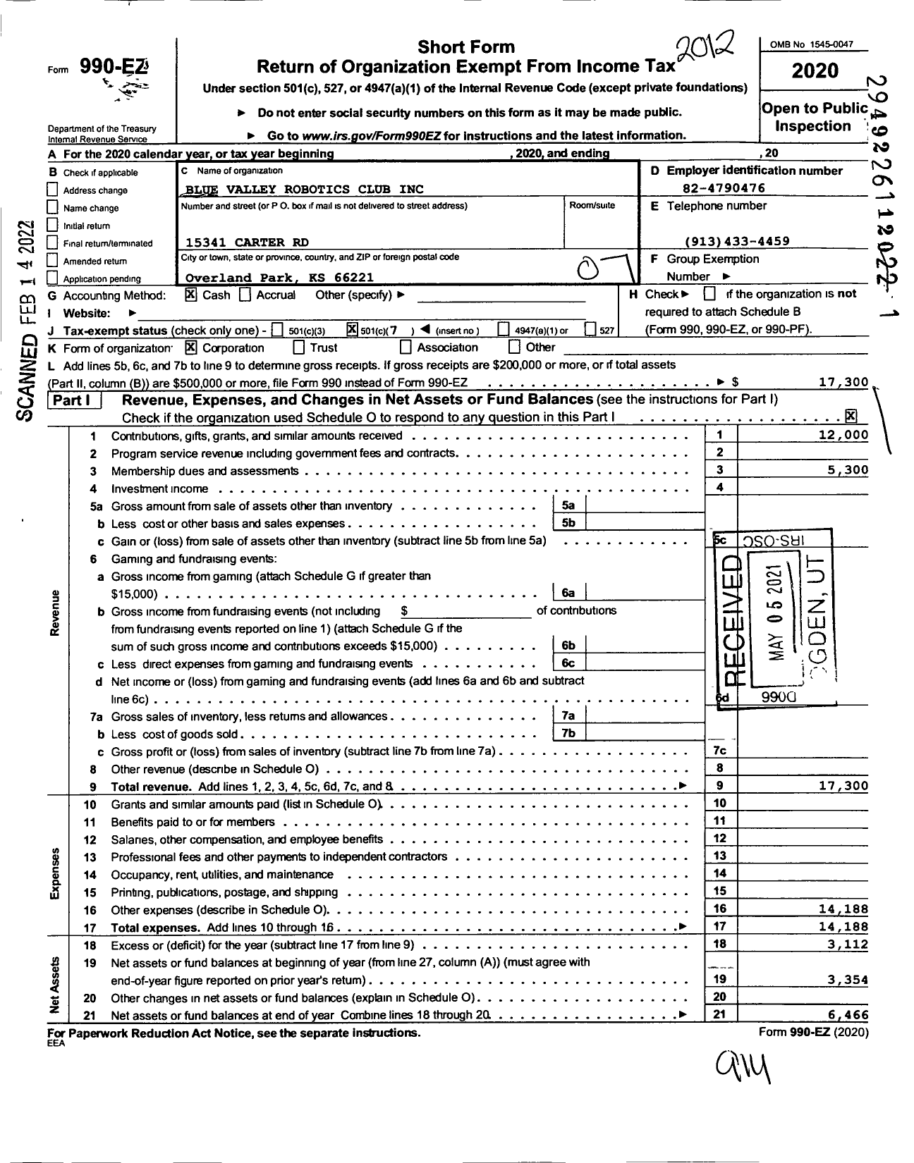 Image of first page of 2020 Form 990EO for Blue Valley Robotics Club