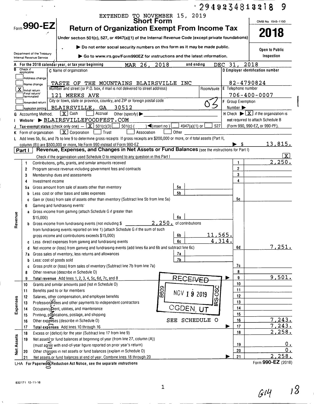 Image of first page of 2018 Form 990EZ for Taste of the Mountains Blairsville