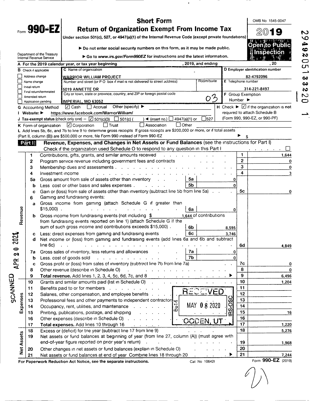 Image of first page of 2019 Form 990EZ for Warrior William Project