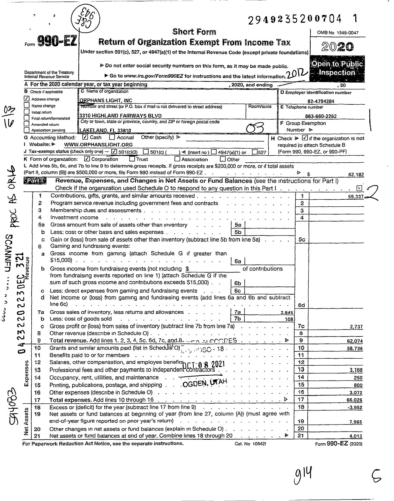 Image of first page of 2020 Form 990EZ for Orphans Light