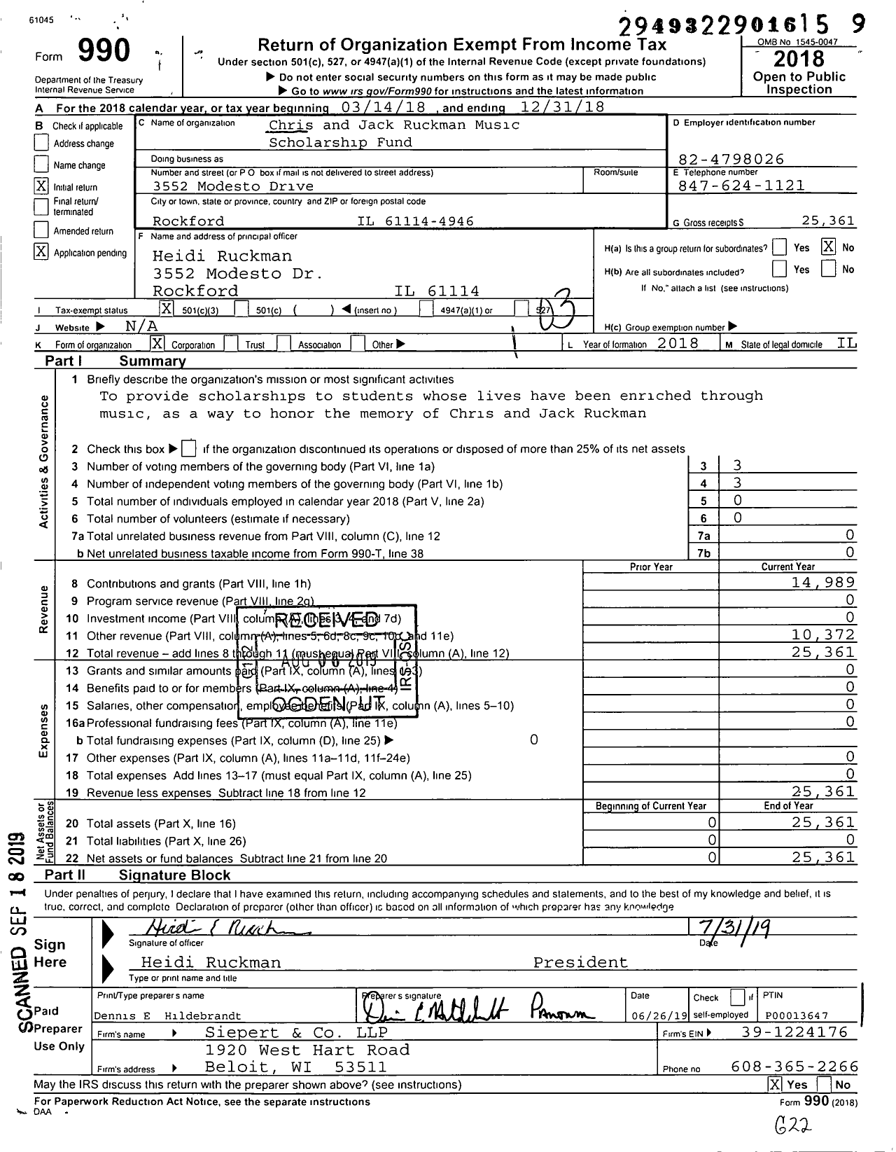 Image of first page of 2018 Form 990 for Chris and Jack Ruckman Music Scholarship Fund