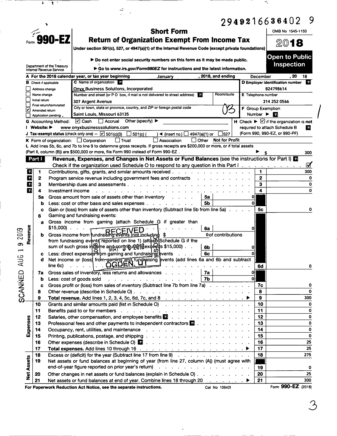 Image of first page of 2018 Form 990EZ for Onyx Business Solutions Incorporated
