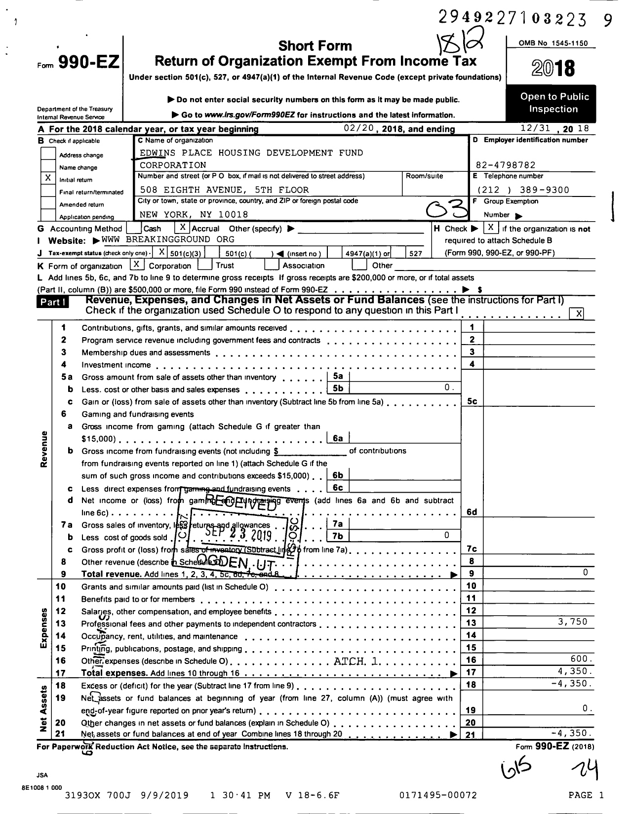 Image of first page of 2018 Form 990EZ for Edwins Place Housing Development Fund Corporation