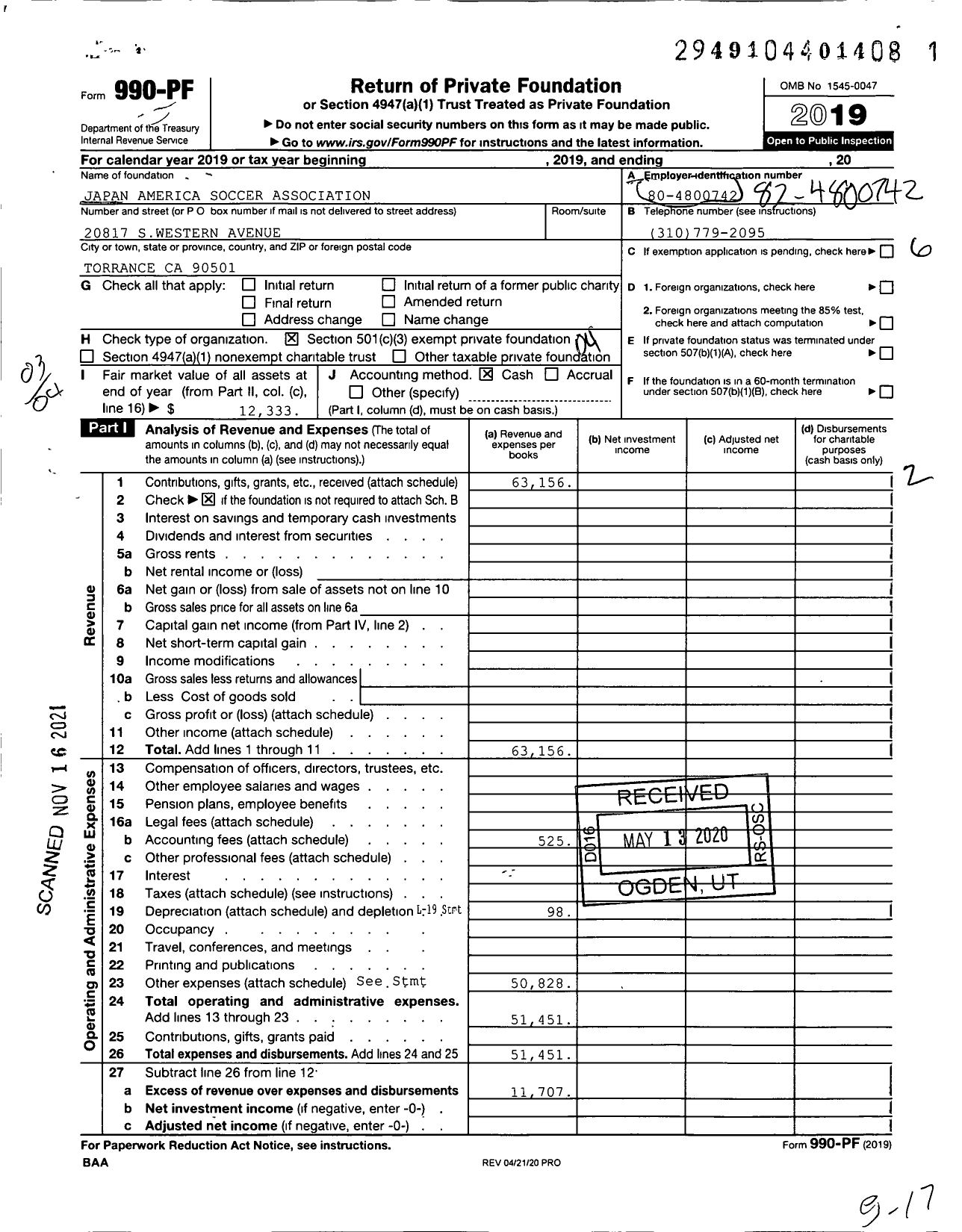 Image of first page of 2019 Form 990PF for Japan America Soccer Association