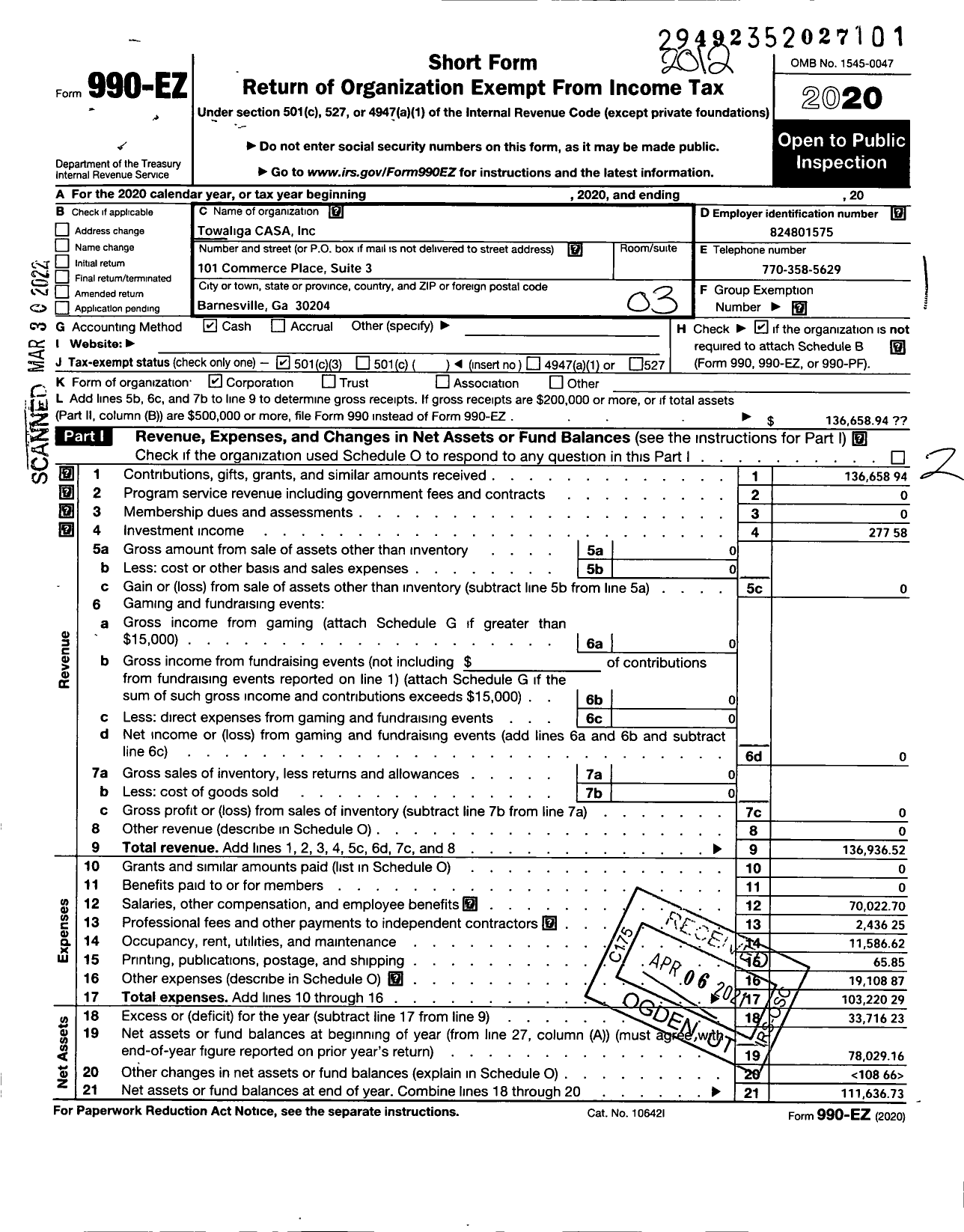 Image of first page of 2020 Form 990EZ for Towaliga Casa