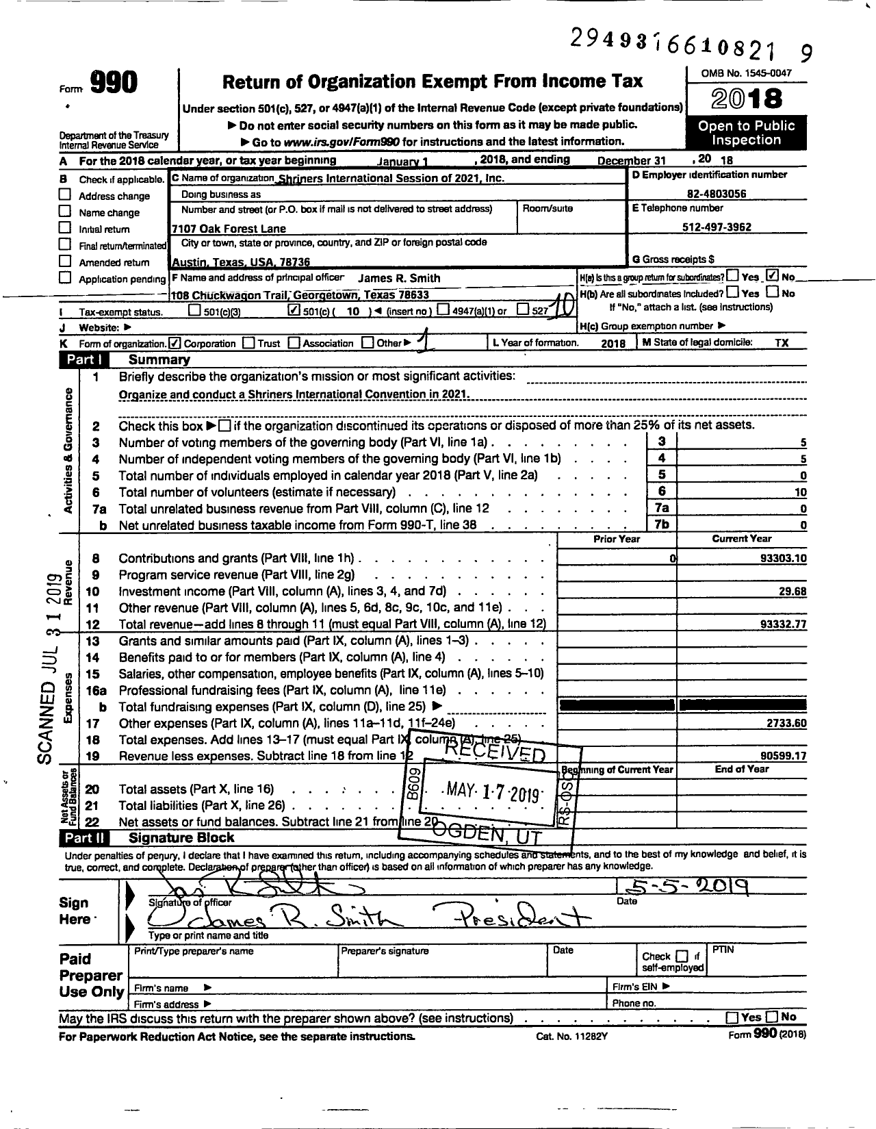 Image of first page of 2018 Form 990O for Shriners International