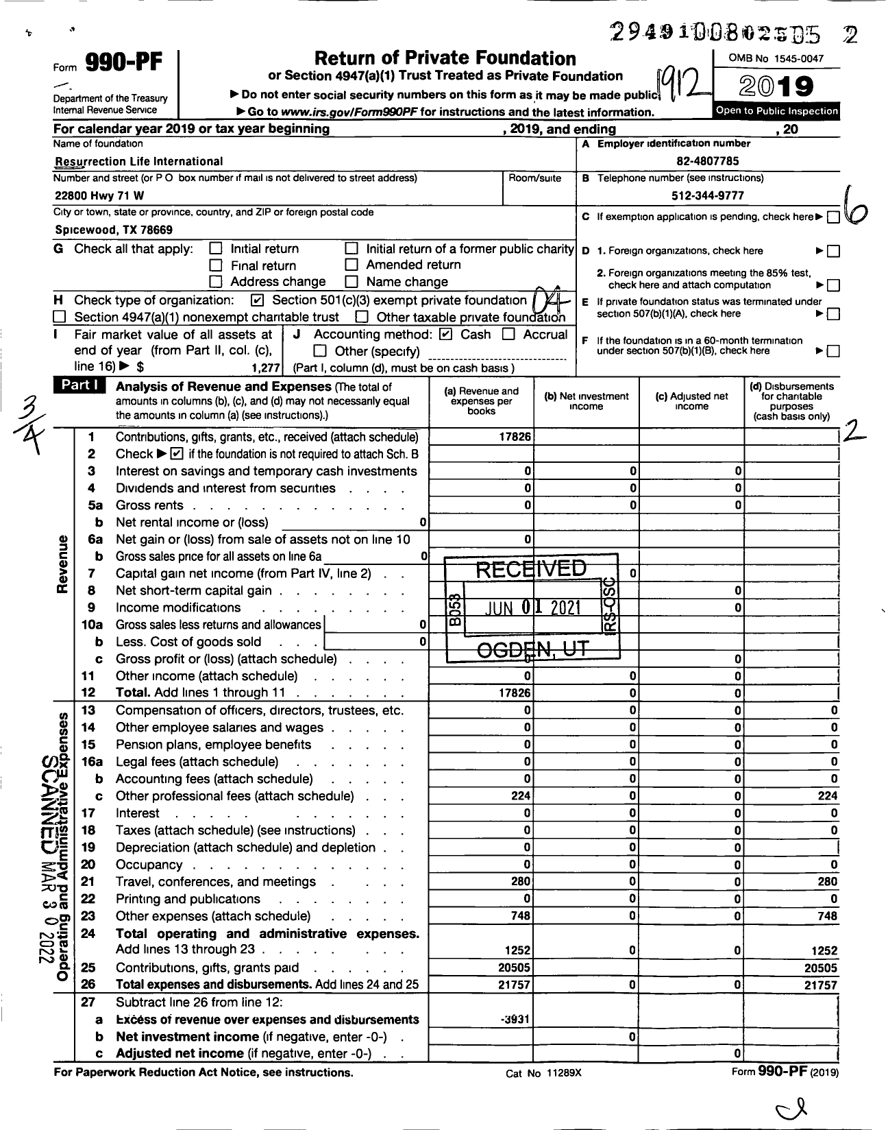 Image of first page of 2019 Form 990PF for Resurrection Life International