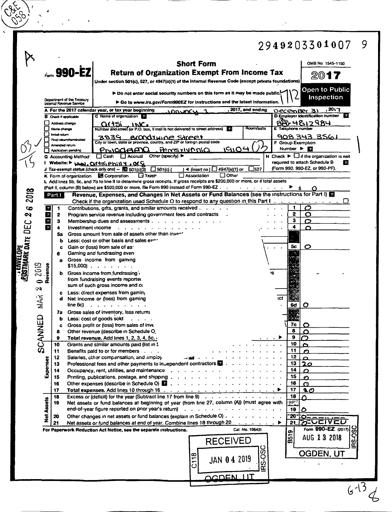 Image of first page of 2017 Form 990EZ for Artsi