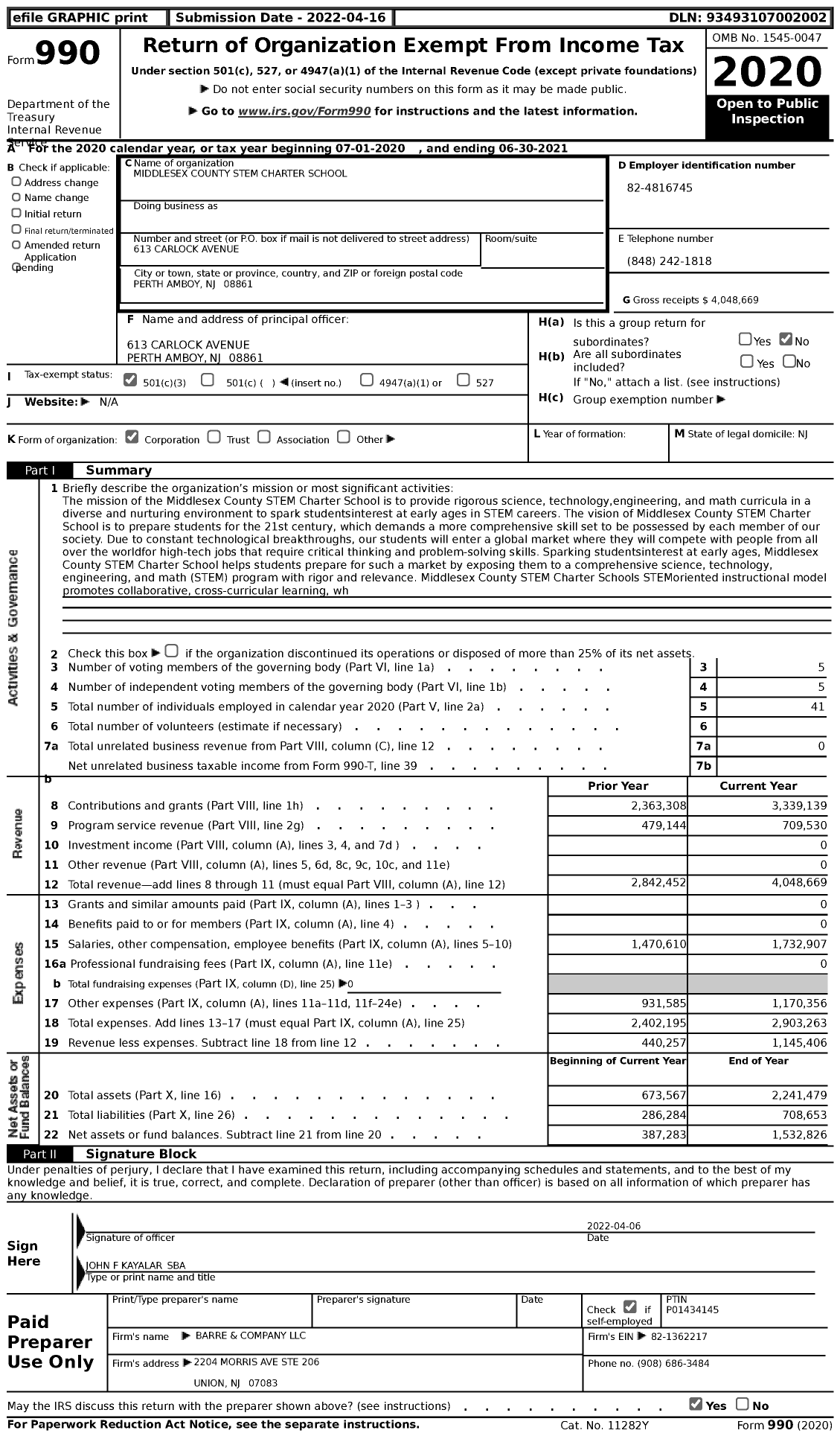 Image of first page of 2020 Form 990 for Middlesex County Stem Charter School