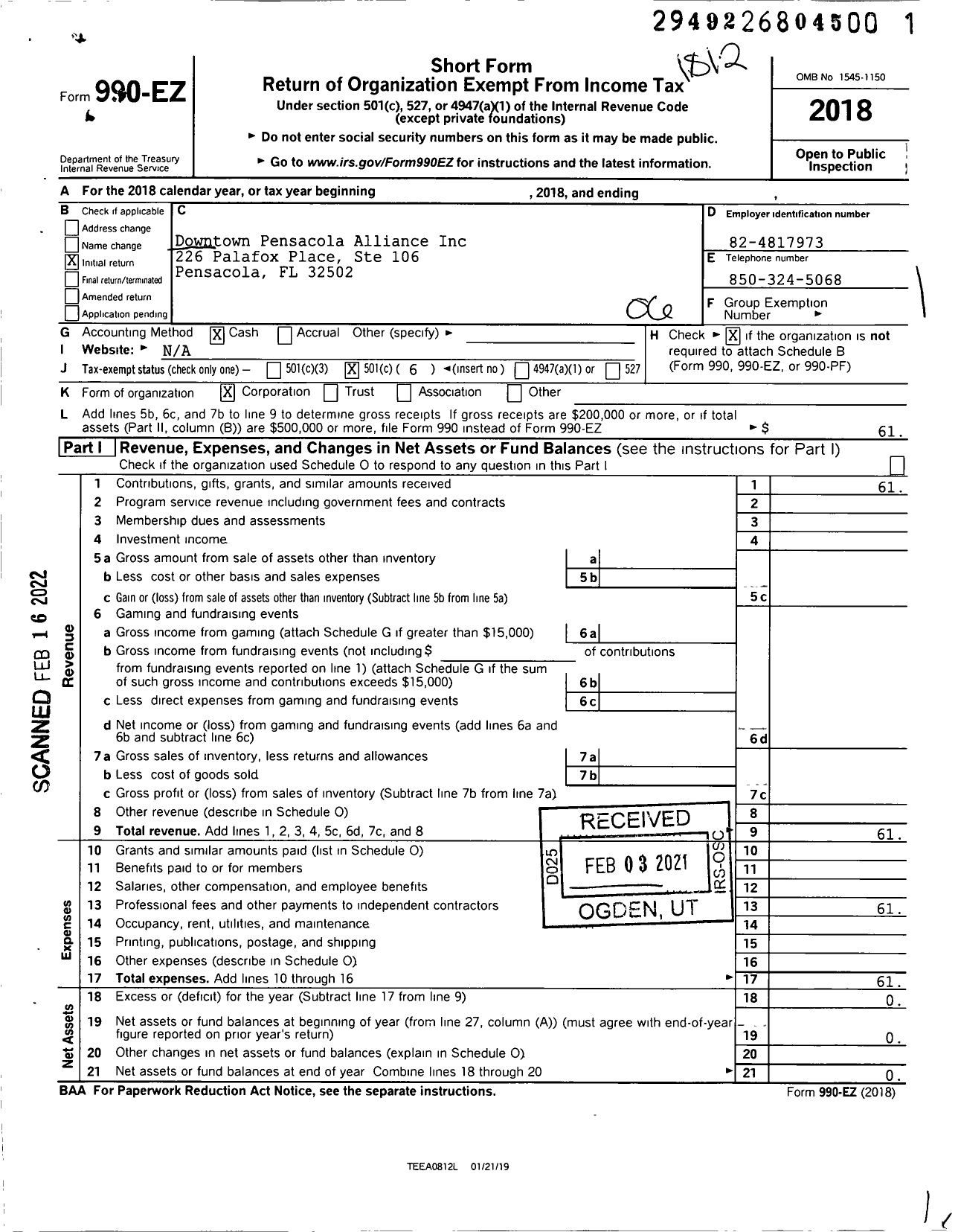 Image of first page of 2018 Form 990EO for Downtown Pensacola Alliance