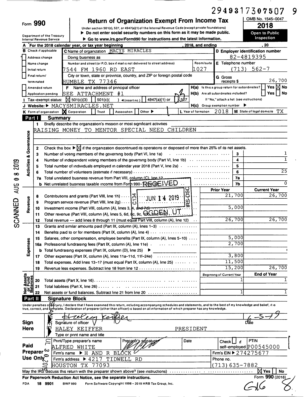 Image of first page of 2018 Form 990 for Macys Miracles