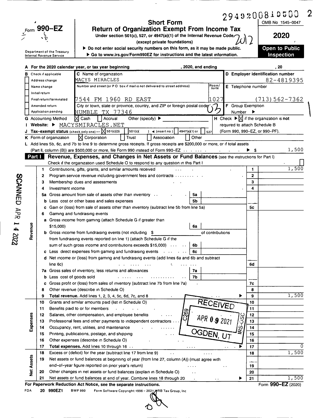 Image of first page of 2020 Form 990EZ for Macys Miracles