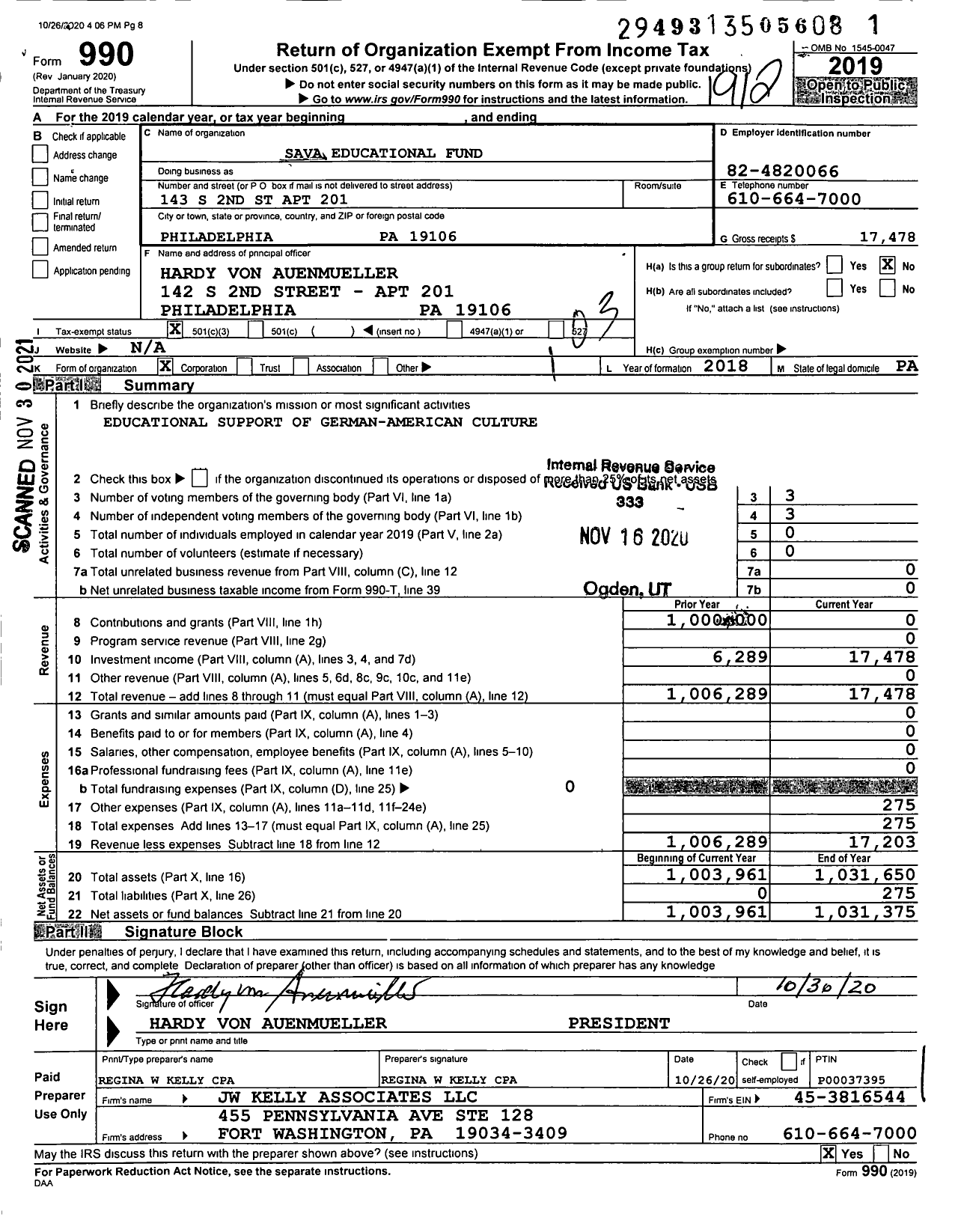 Image of first page of 2019 Form 990 for Sava Educational Fund