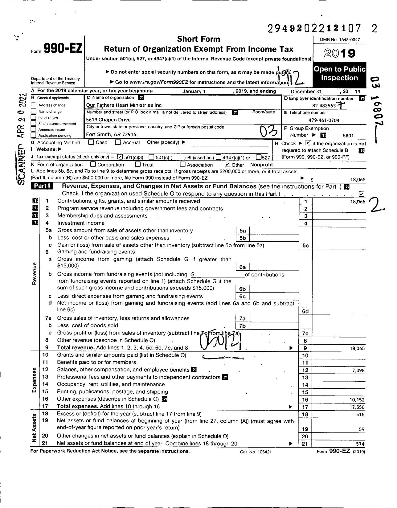 Image of first page of 2019 Form 990EZ for Christ for the World International / Our Fathers Heart Ministries Inc