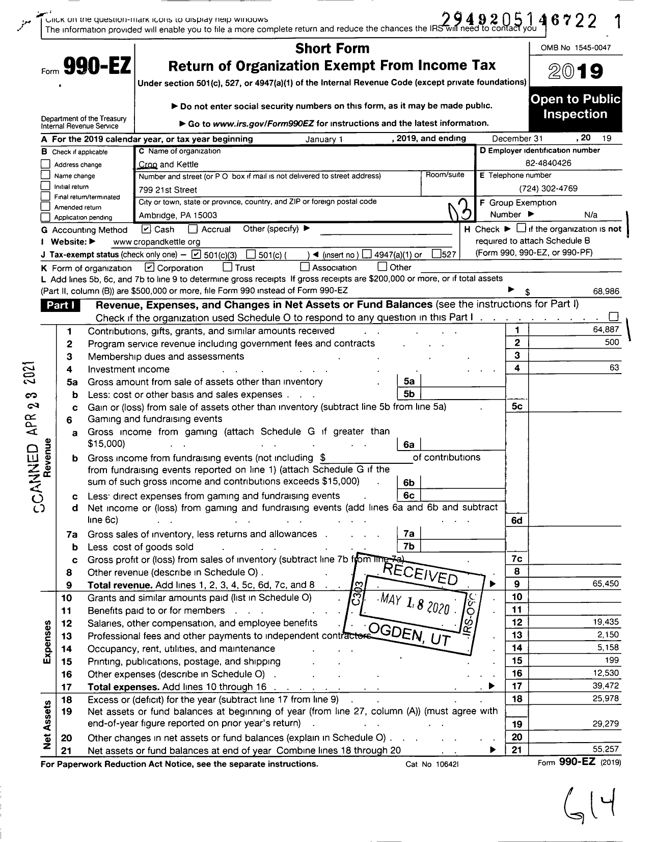 Image of first page of 2019 Form 990EZ for Crop and Kettle