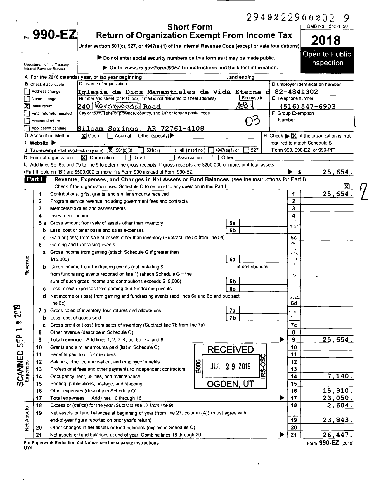 Image of first page of 2018 Form 990EZ for Iglesia de Dios Manantiales de Vida Eterna de Siloam Springs