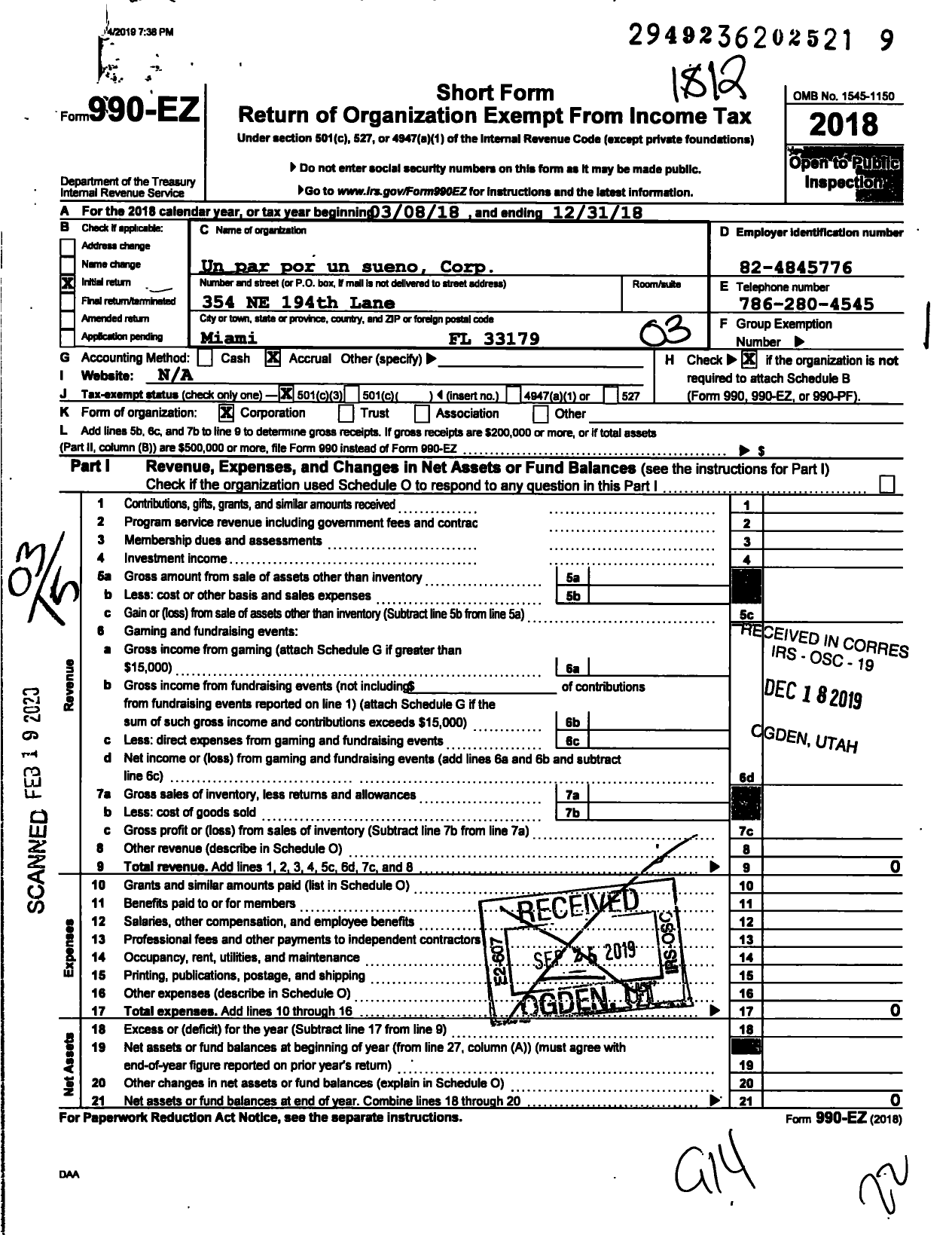 Image of first page of 2018 Form 990EZ for Un Par Por Un Sueno Corporation