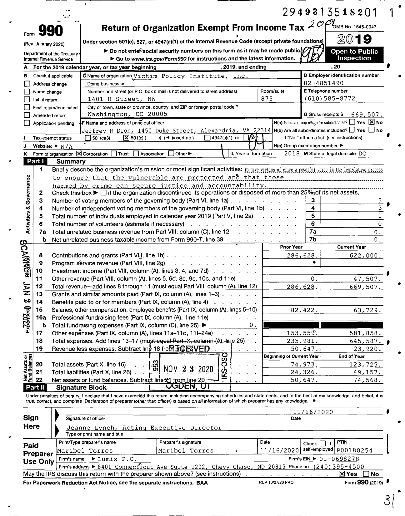 Image of first page of 2019 Form 990O for Victim Policy Institute