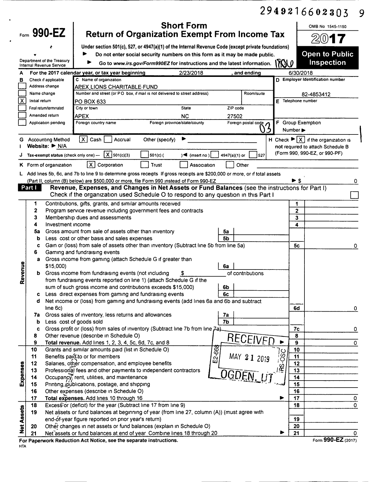 Image of first page of 2017 Form 990EZ for Apex Lions Charitable Fund