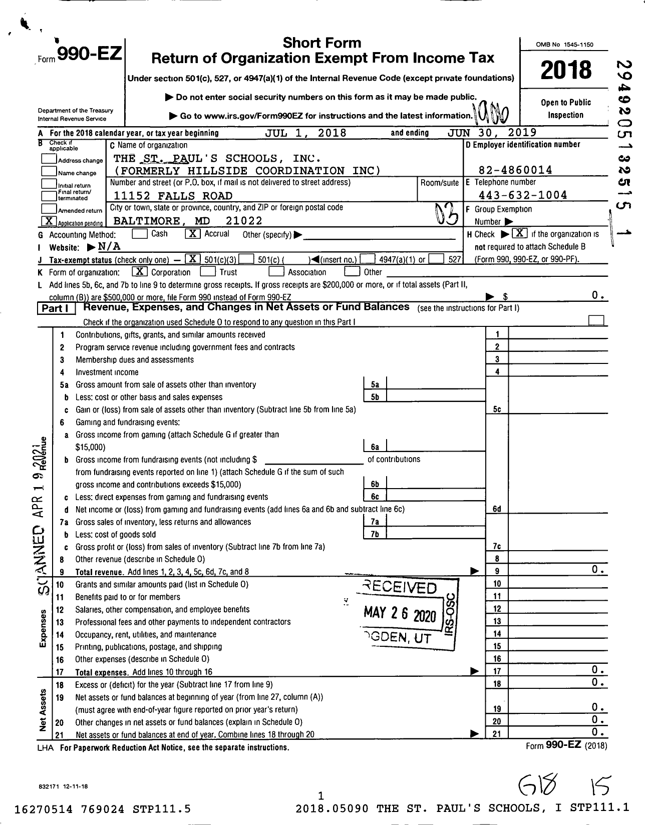 Image of first page of 2018 Form 990EZ for St Pauls Schools