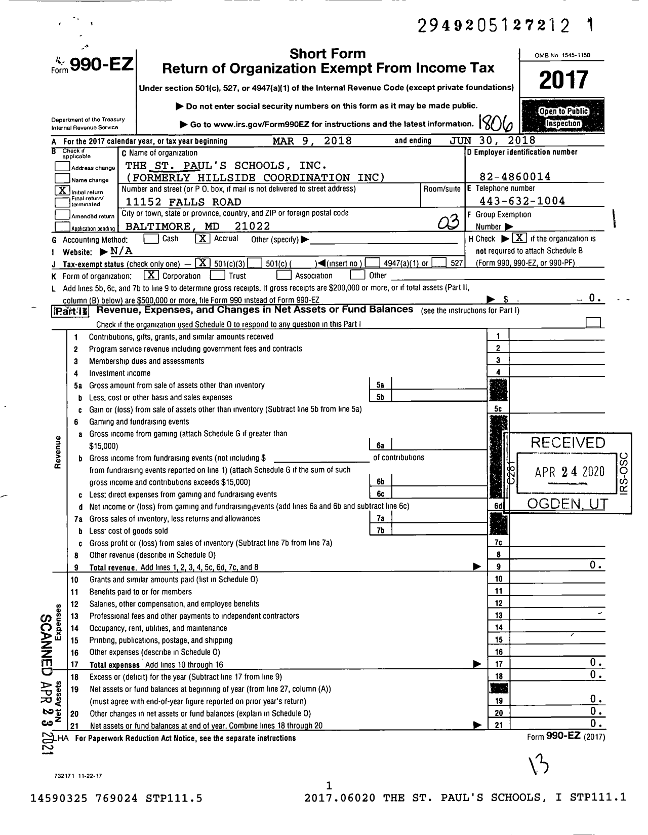 Image of first page of 2017 Form 990EZ for St Pauls Schools