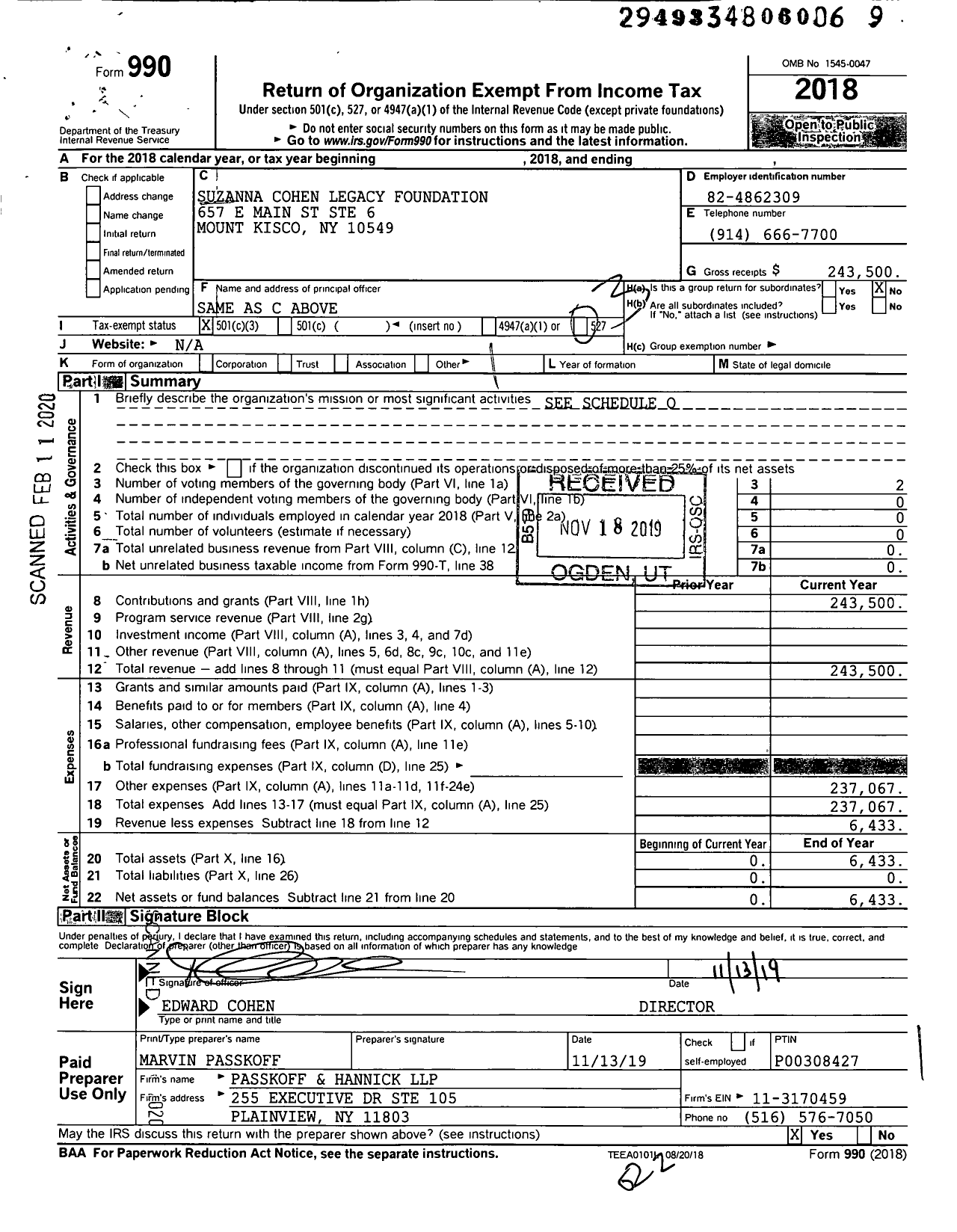 Image of first page of 2018 Form 990 for Suzanna Cohen Legacy Foundation