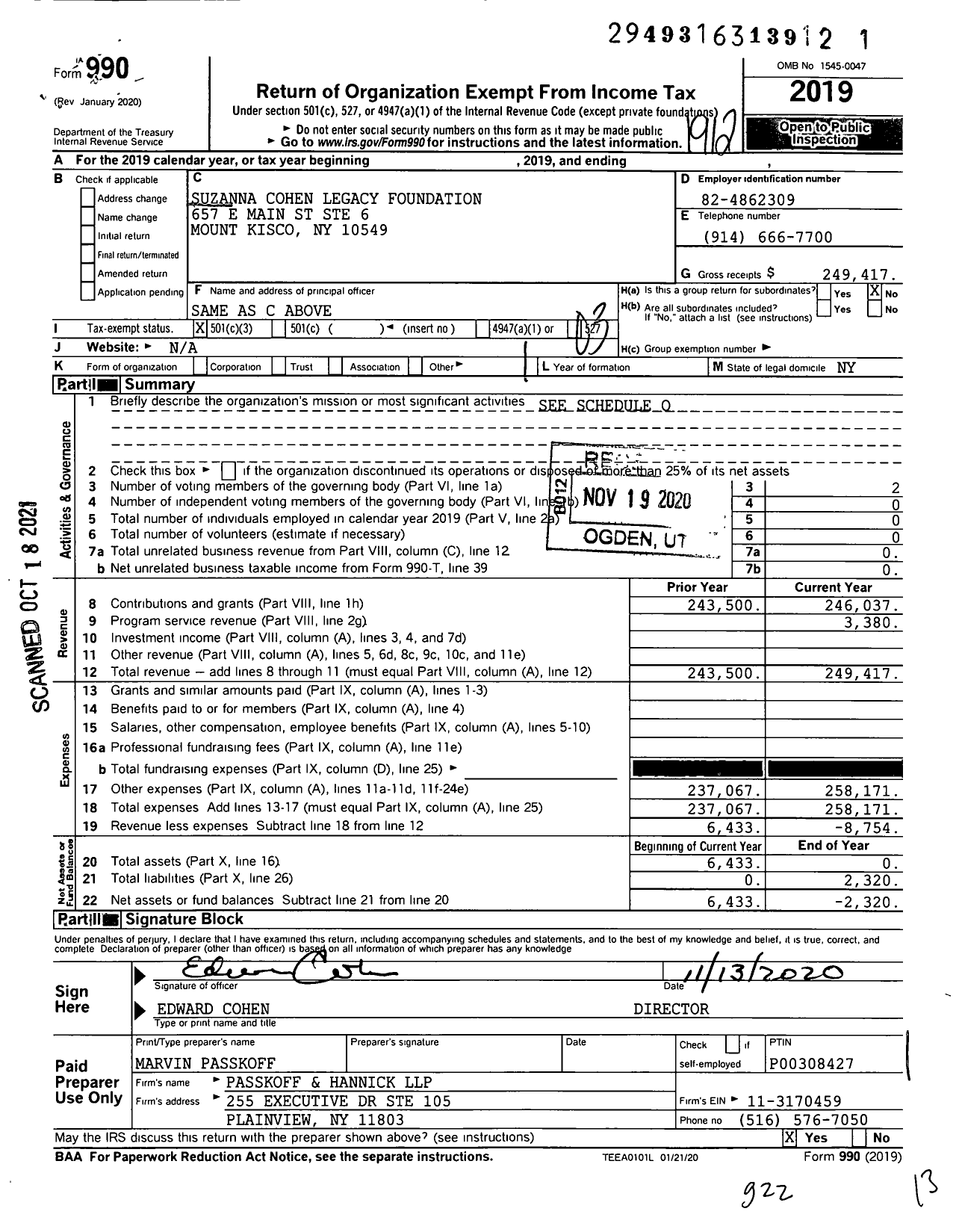 Image of first page of 2019 Form 990 for Suzanna Cohen Legacy Foundation