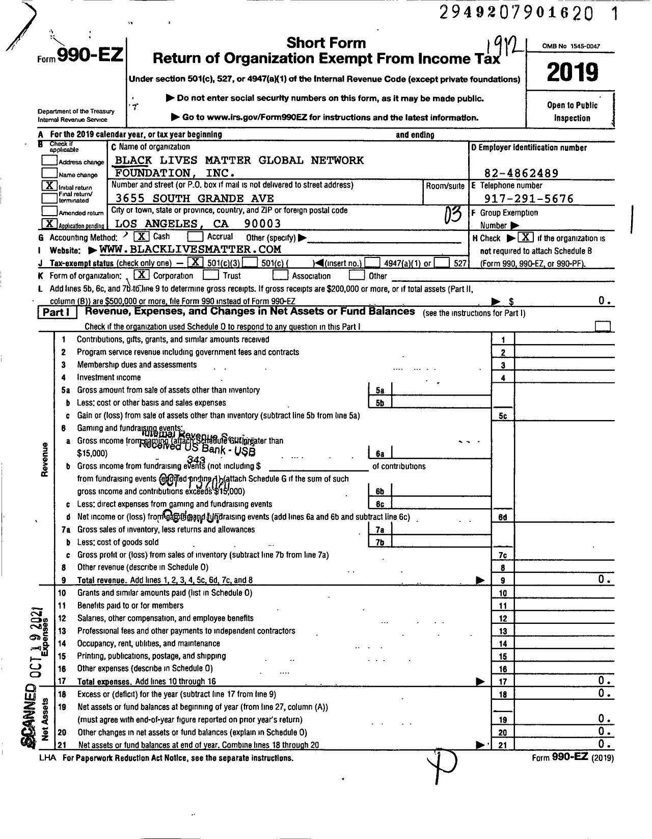 Image of first page of 2019 Form 990EZ for Black Lives Matter Global Network Foundation