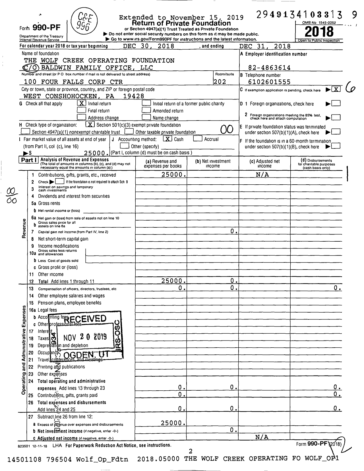 Image of first page of 2018 Form 990PF for The Wolf Creek Operating Foundation