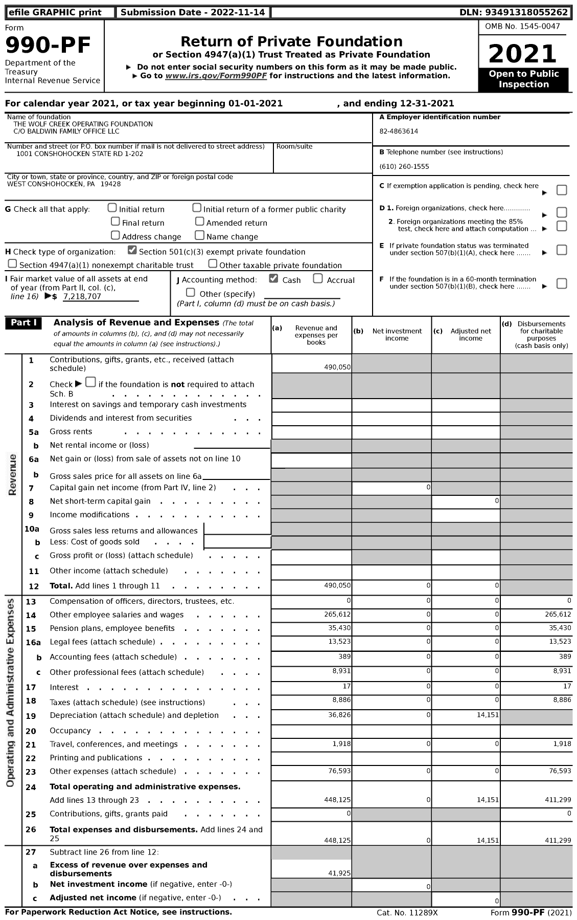 Image of first page of 2021 Form 990PF for The Wolf Creek Operating Foundation