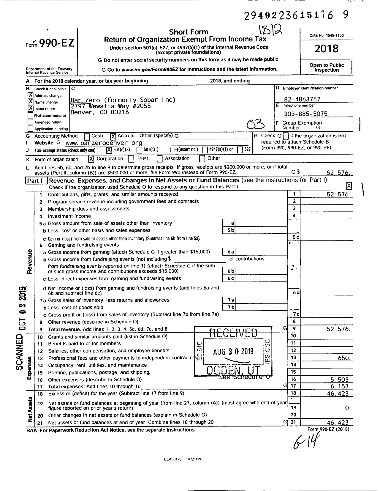 Image of first page of 2018 Form 990EZ for Bar Zero