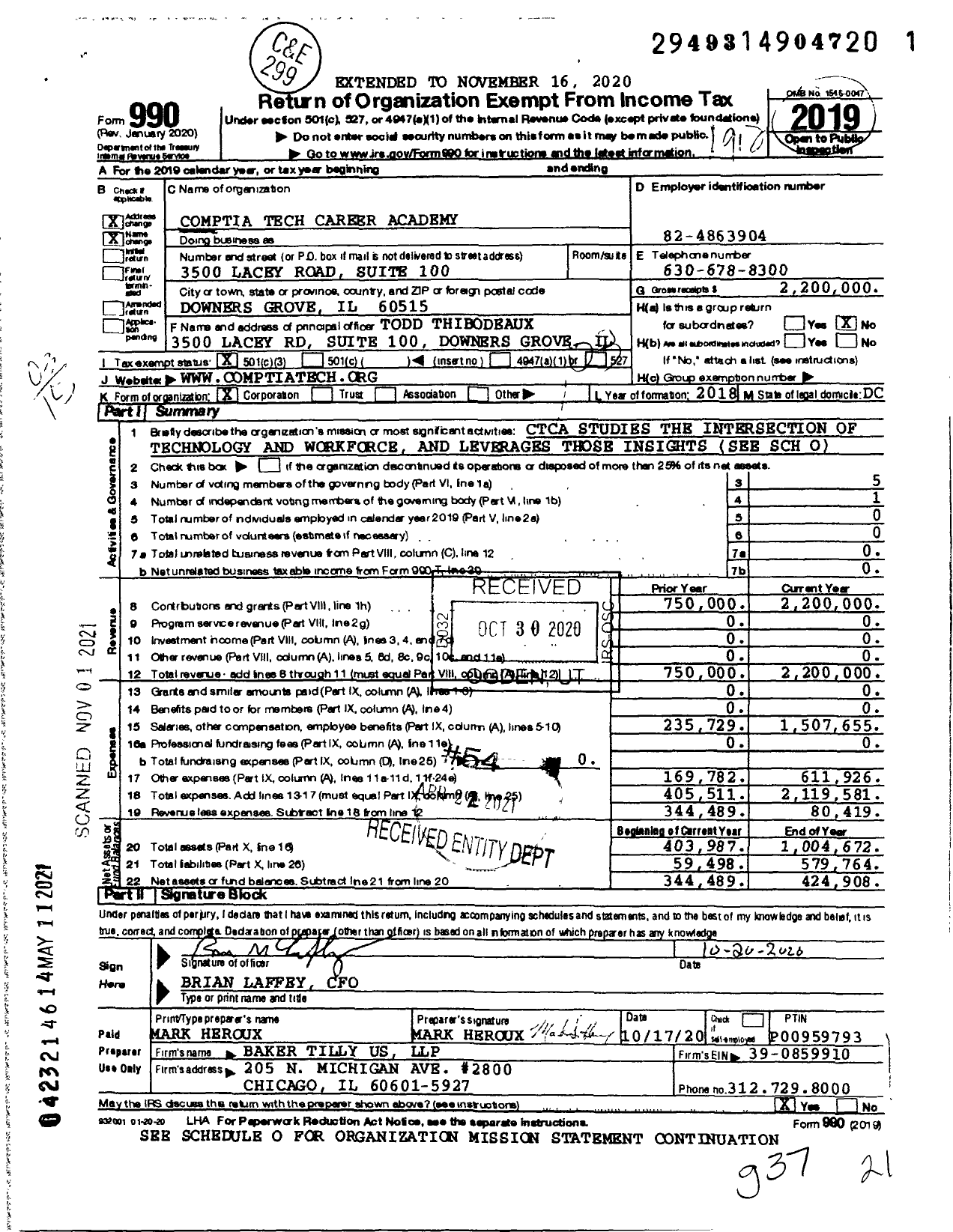 Image of first page of 2019 Form 990 for Comptia Tech Career Academy