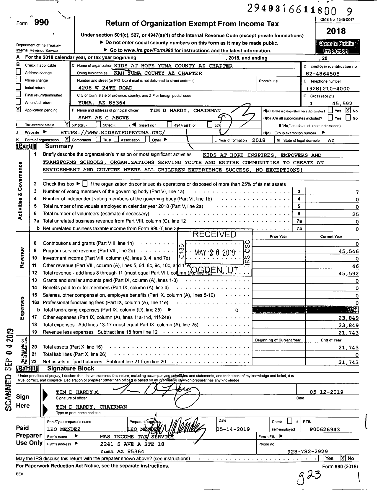 Image of first page of 2018 Form 990 for Kids at Hope Yuma County Az Chapter