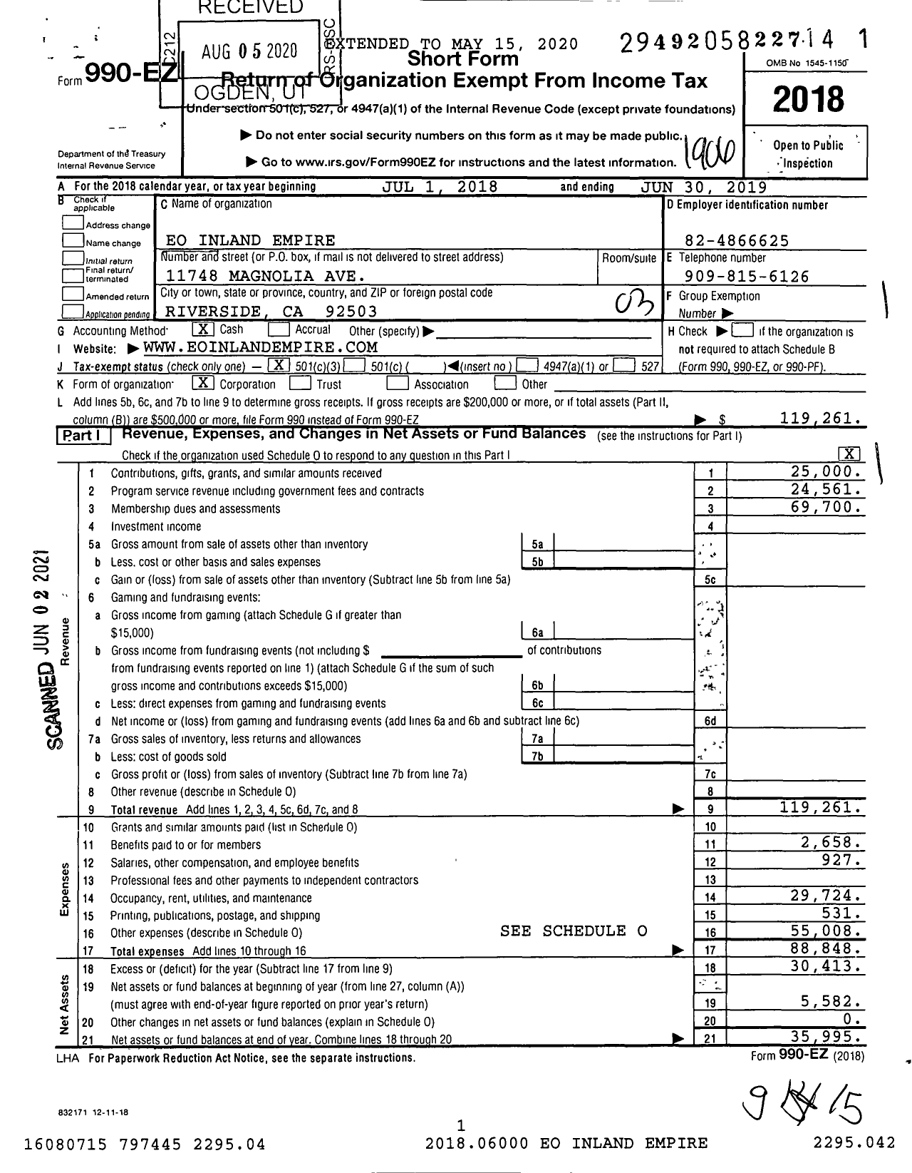 Image of first page of 2018 Form 990EZ for Young Entrepreneurs' Organization - Eo Inland Empire