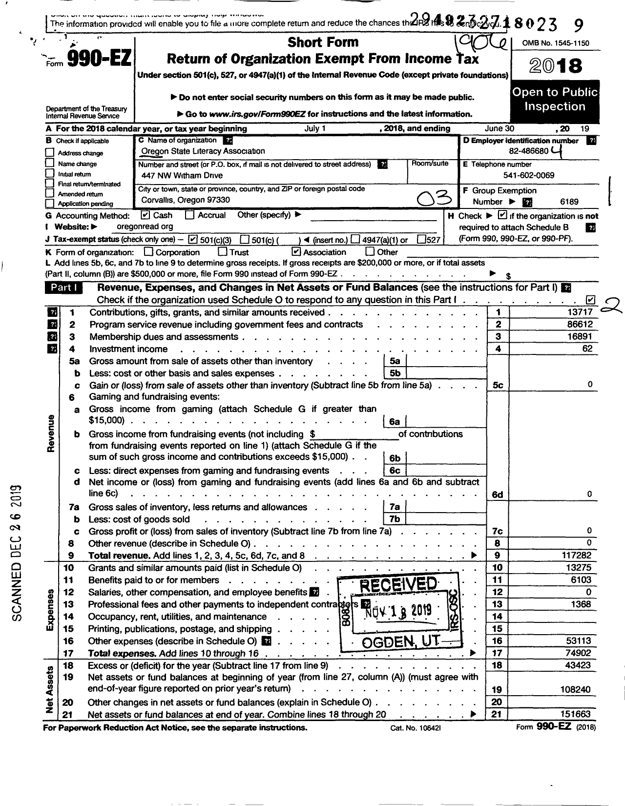 Image of first page of 2018 Form 990EZ for International Literacy Association / Oregon State Literacy Association