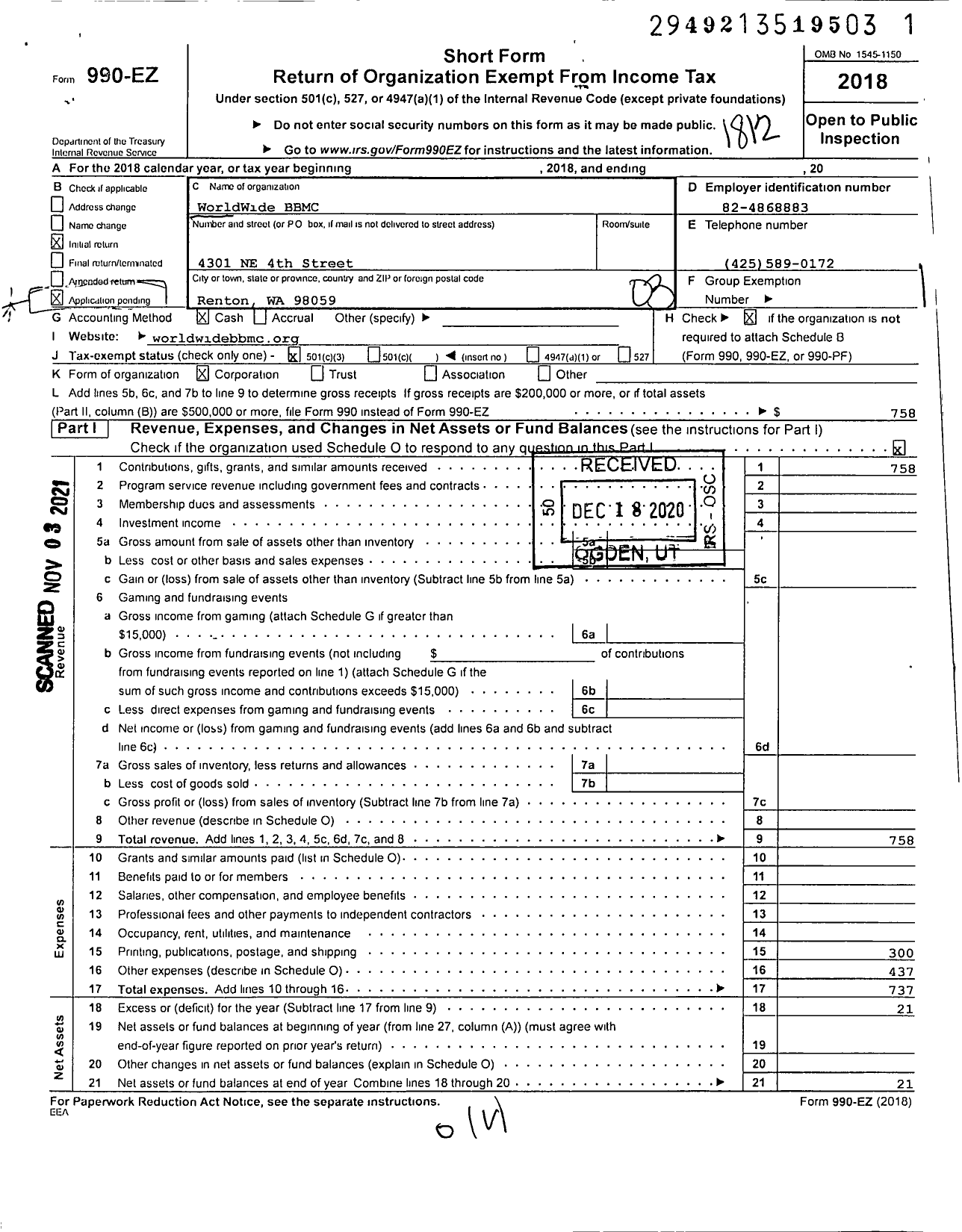 Image of first page of 2018 Form 990EZ for WorldWide BBMC