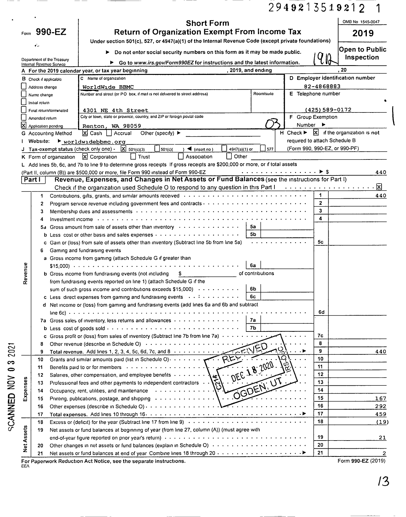 Image of first page of 2019 Form 990EZ for WorldWide BBMC