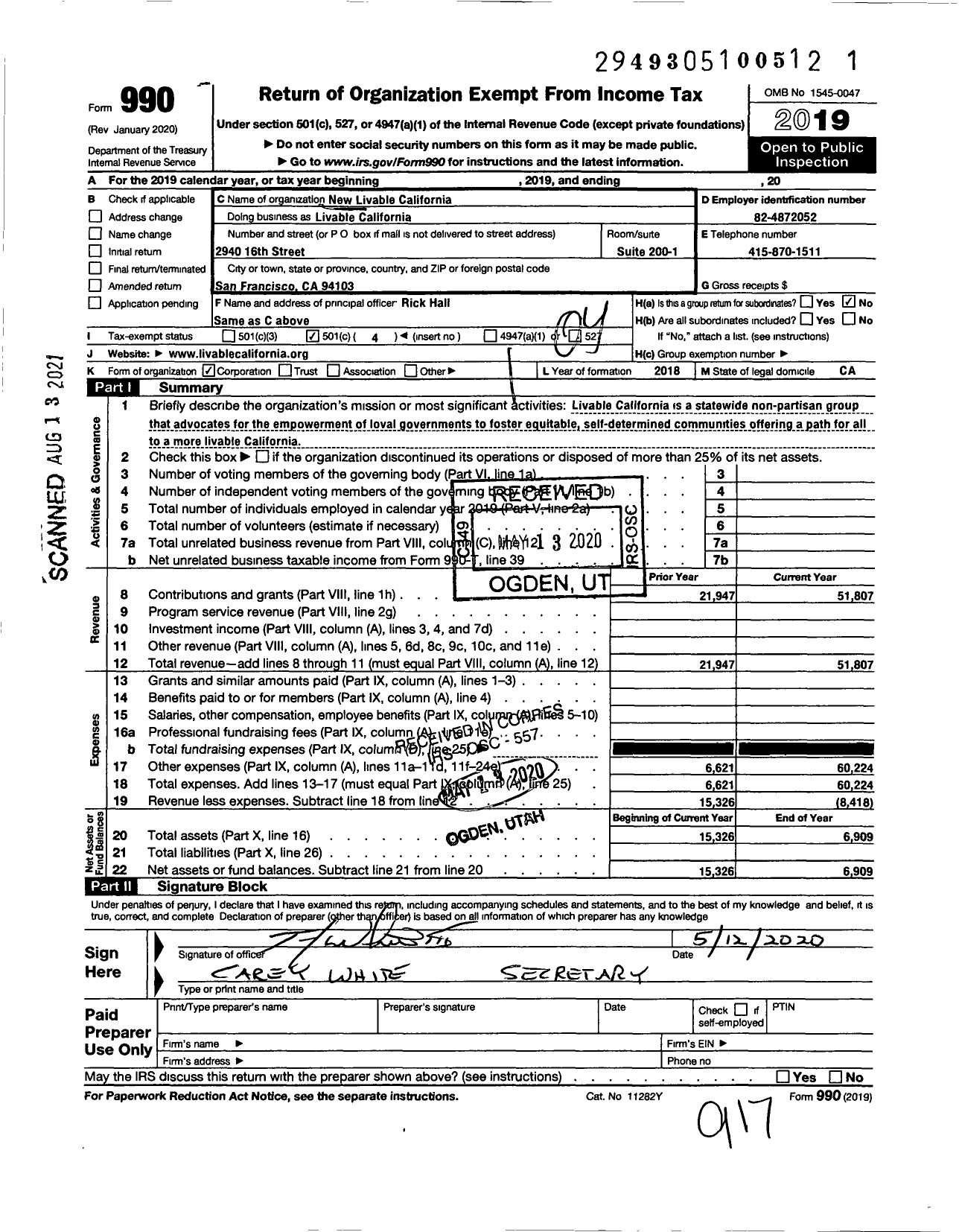 Image of first page of 2019 Form 990O for New Livable California