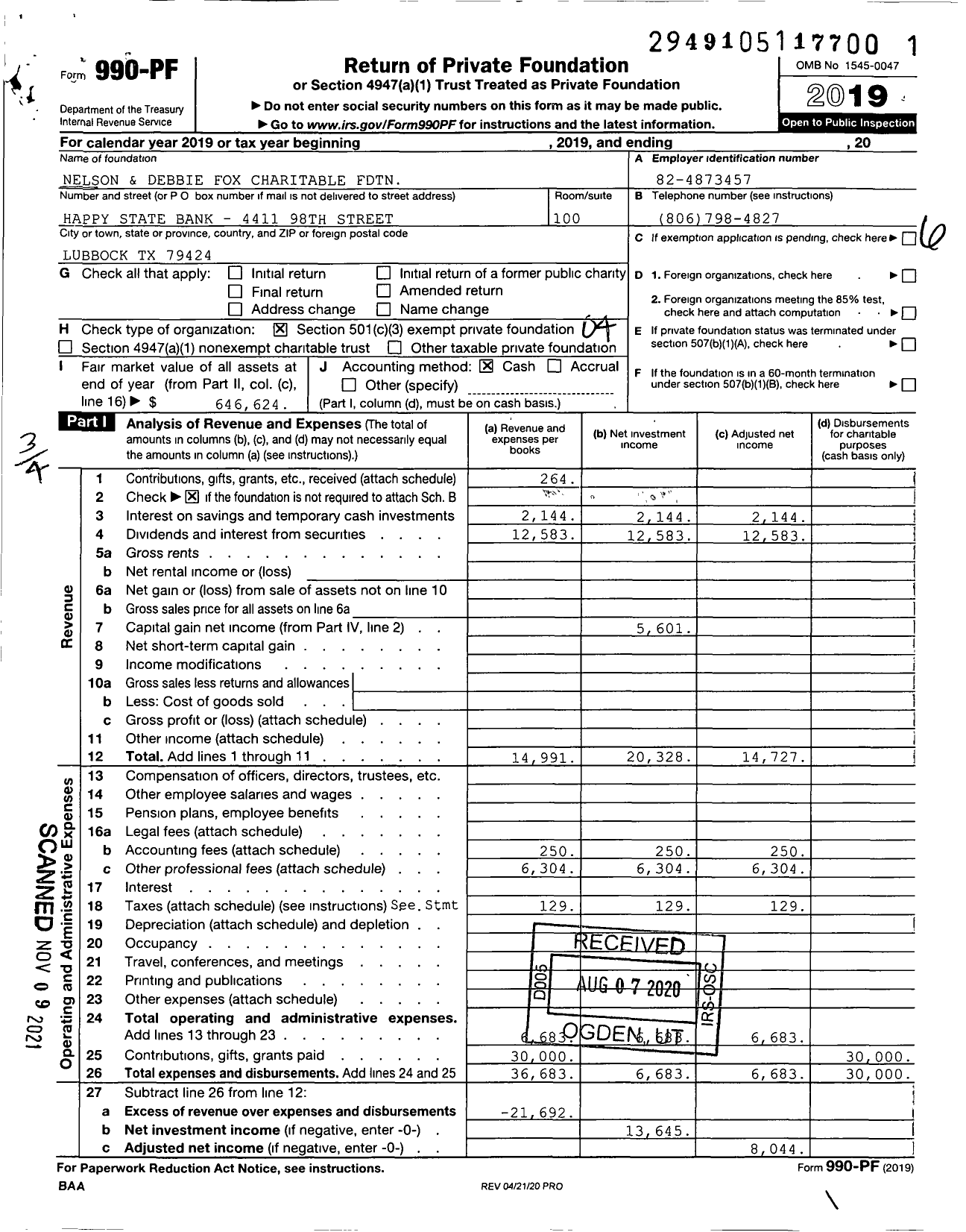 Image of first page of 2019 Form 990PF for Nelson and Debbie Fox Charitable FDTN