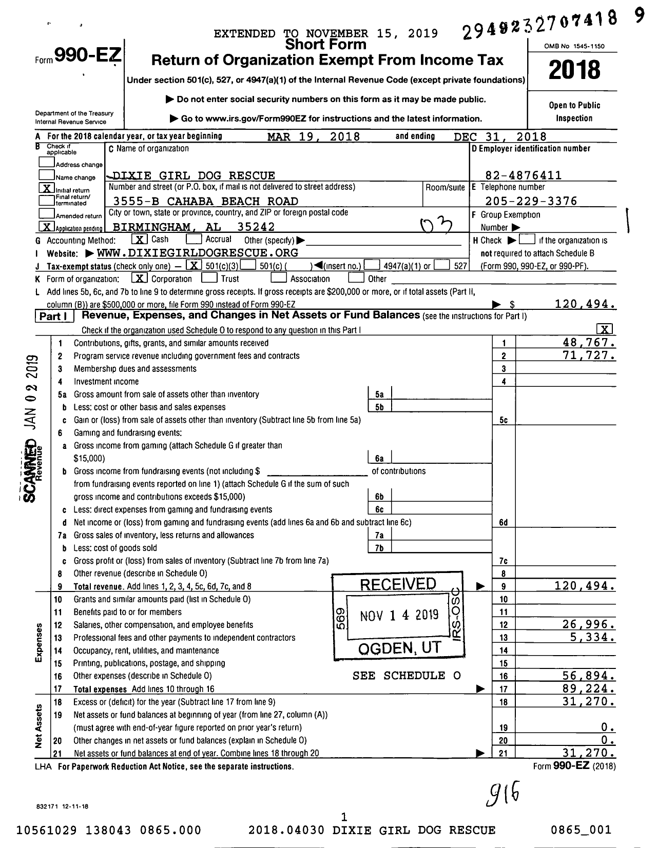 Image of first page of 2018 Form 990EZ for Dixie Girl Dog Rescue