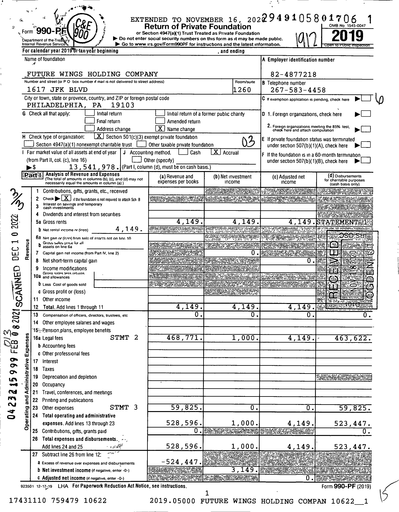 Image of first page of 2019 Form 990PF for Future Wings Holding Company