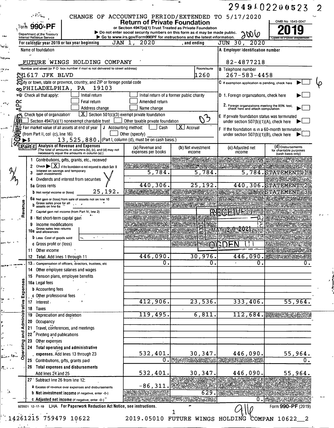 Image of first page of 2019 Form 990PF for Future Wings Holding Company