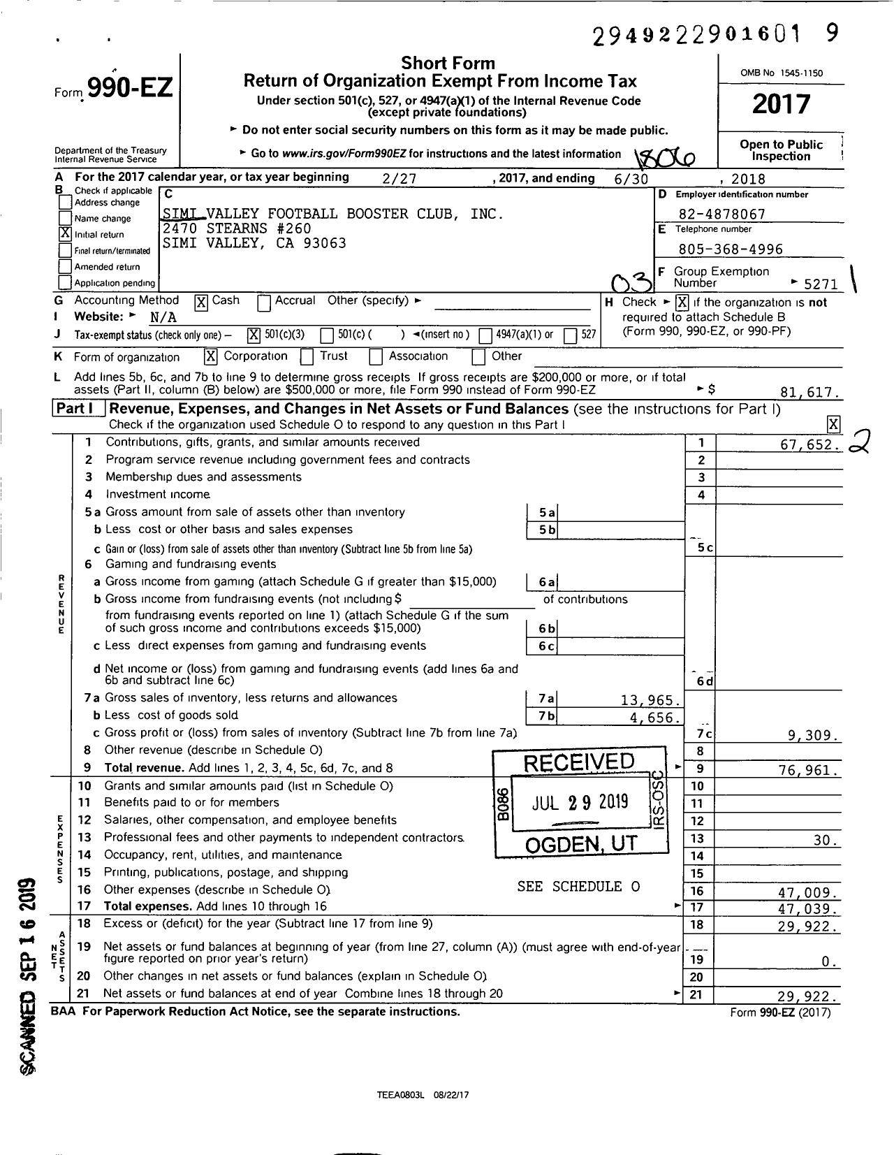 Image of first page of 2017 Form 990EZ for Simi Valley Football Booster Club