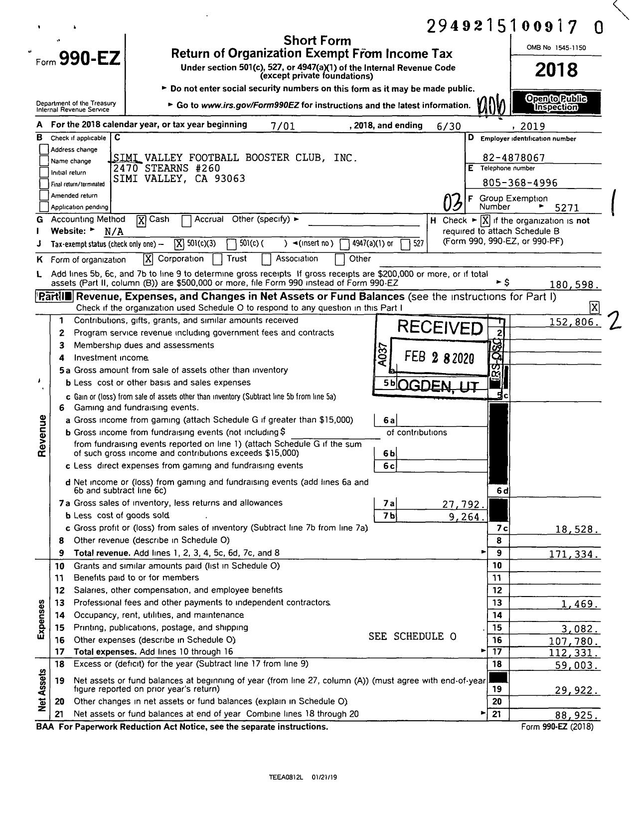 Image of first page of 2018 Form 990EZ for Simi Valley Football Booster Club