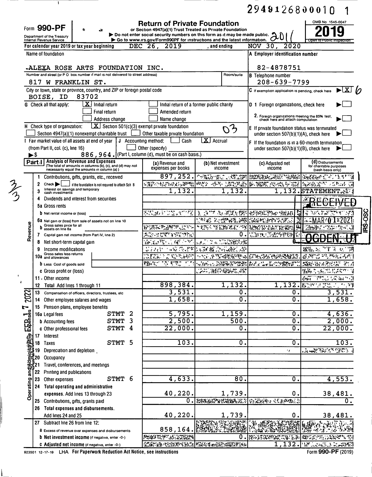 Image of first page of 2019 Form 990PF for Alexa Rose Arts Foundation