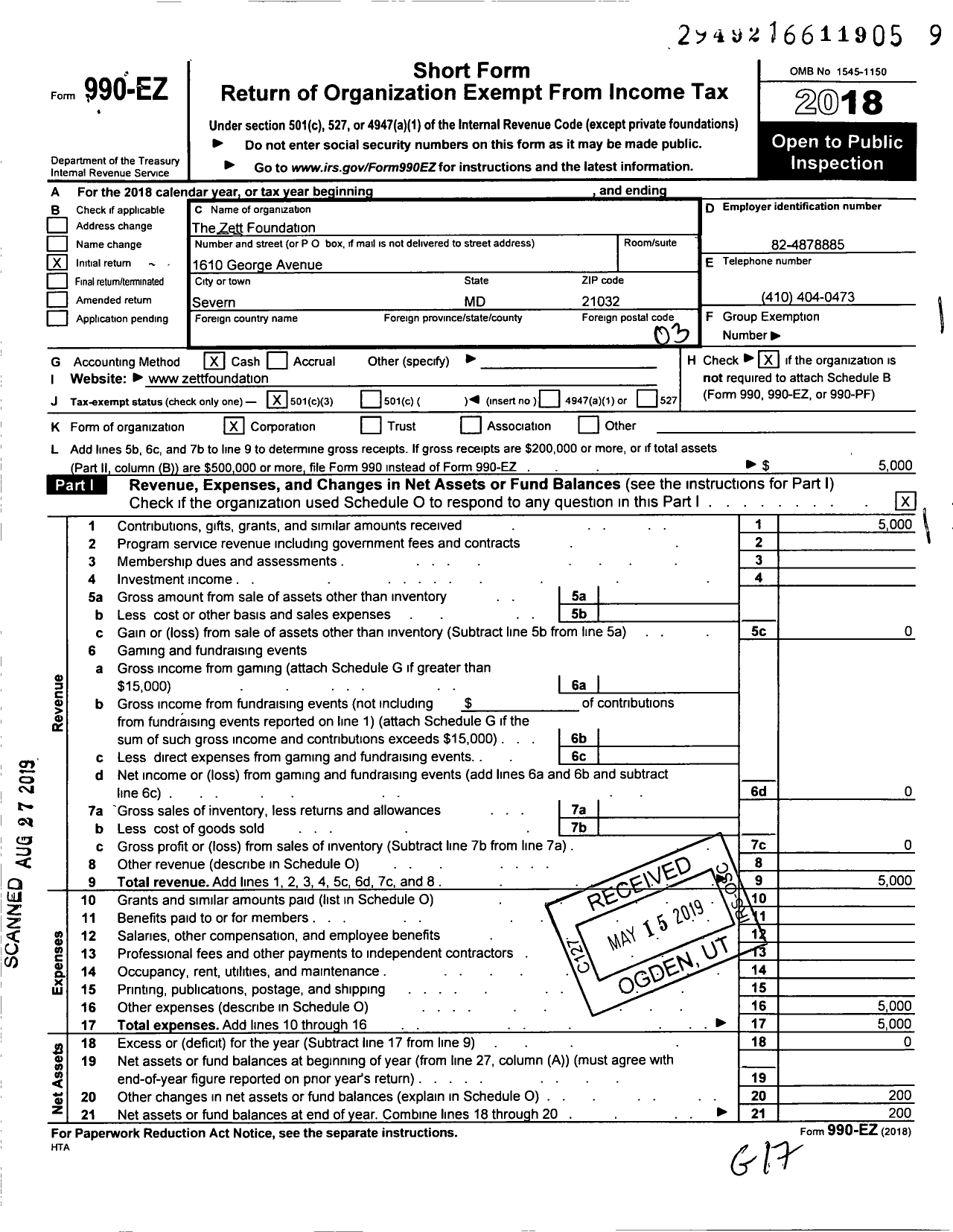 Image of first page of 2018 Form 990EZ for Zett Foundation