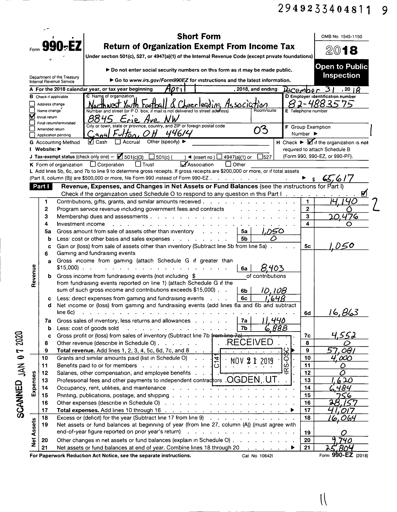 Image of first page of 2018 Form 990EZ for Northwest Youth Football and Cheerleading Association