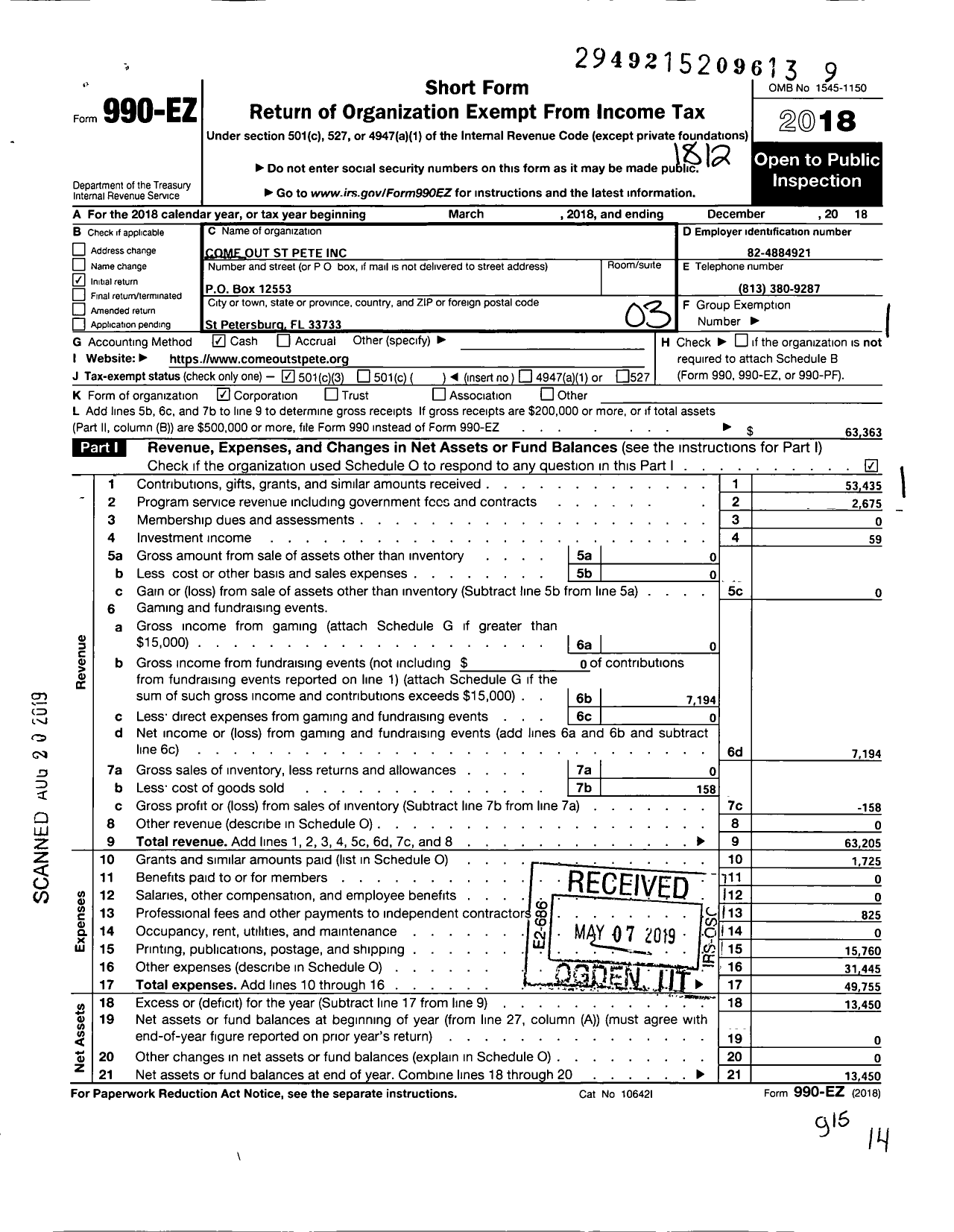 Image of first page of 2018 Form 990EZ for Come Out St Pete