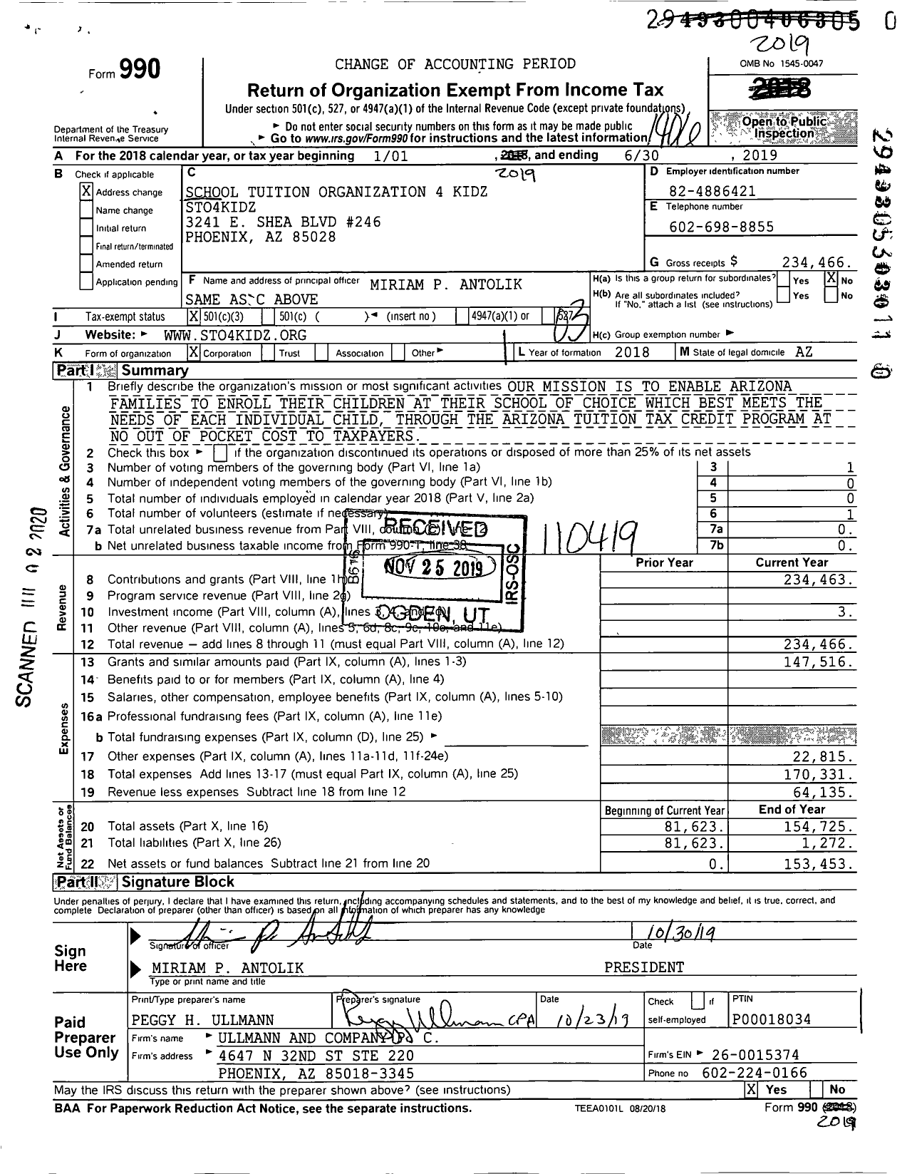 Image of first page of 2018 Form 990 for School Tuition Organization 4 Kidz STO4Kidz